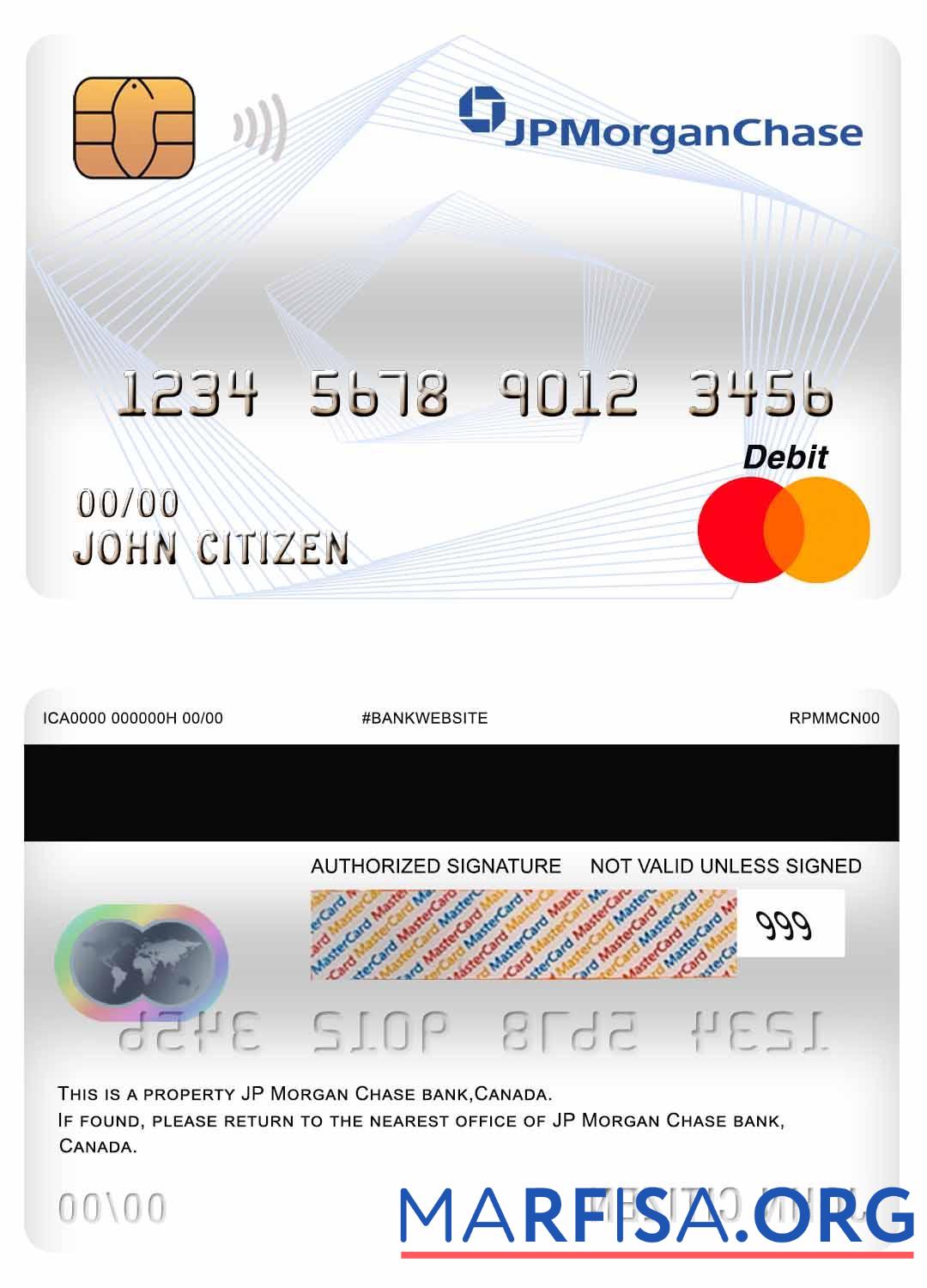Printable Canada JP Morgan Chase Bank mastercard debit card template